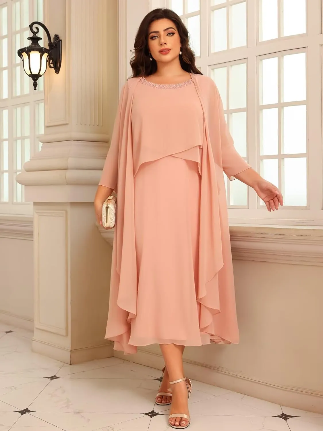 Women's 2 Piece Mother of The Bride Dresses for Wedding Long Sleeve Ruffles Chiffon Formal Evening Dress DE364