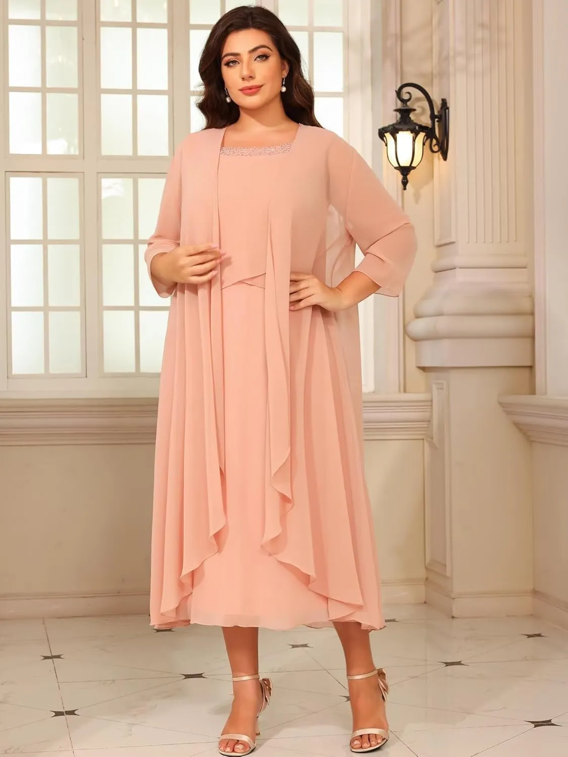 Women's 2 Piece Mother of The Bride Dresses for Wedding Long Sleeve Ruffles Chiffon Formal Evening Dress DE364