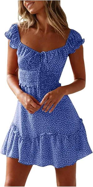 Women's 2023 Summer Bohemian Floral Printed Ruffle Hem Short Sleeves Tube Crew Neck Wrap Beach Party Mini Dress Blue