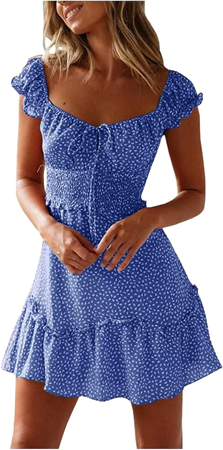 Women's 2023 Summer Bohemian Floral Printed Ruffle Hem Short Sleeves Tube Crew Neck Wrap Beach Party Mini Dress Blue