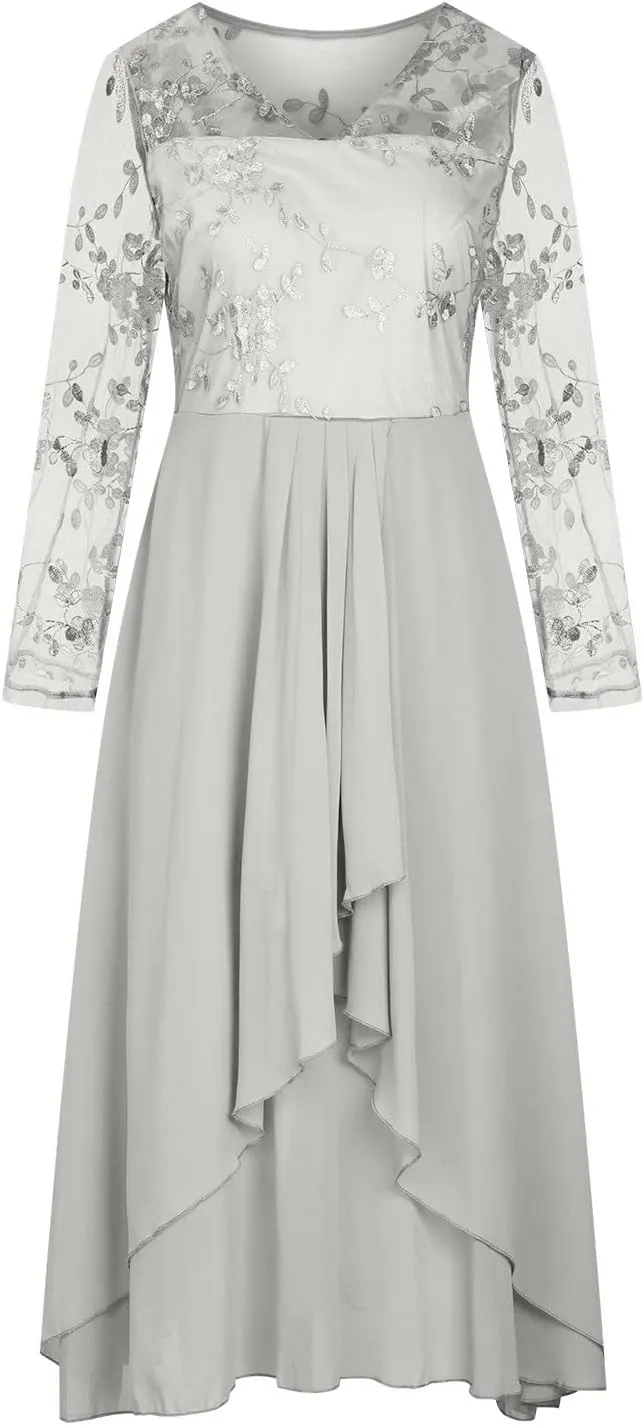 Women's 2024 Fall Lace Chiffon Long Sleeve Dress Crewneck Casual Loose Pleated Tiered Swing Midi Dresses