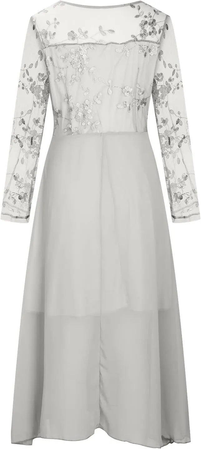 Women's 2024 Fall Lace Chiffon Long Sleeve Dress Crewneck Casual Loose Pleated Tiered Swing Midi Dresses