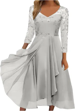 Women's 2024 Fall Lace Chiffon Long Sleeve Dress Crewneck Casual Loose Pleated Tiered Swing Midi Dresses
