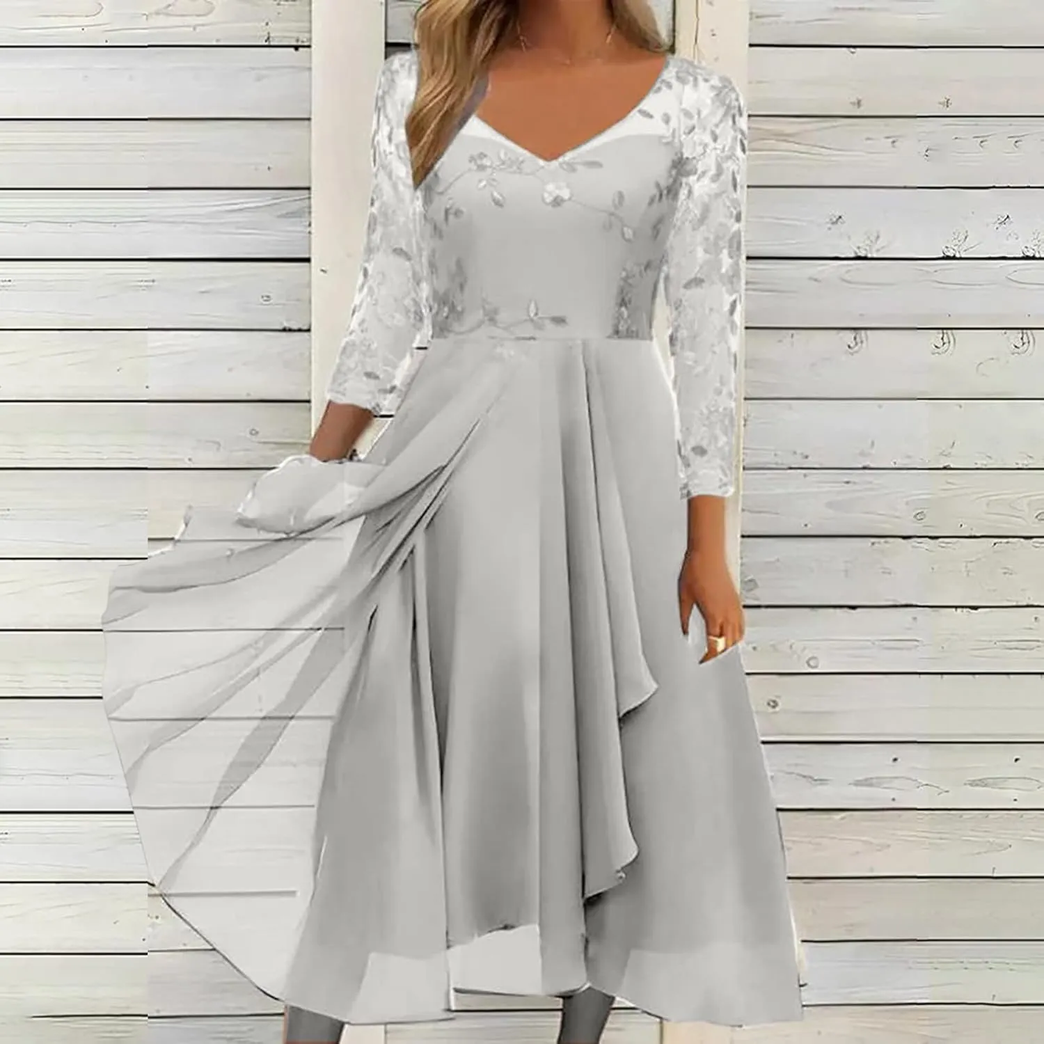 Women's 2024 Fall Lace Chiffon Long Sleeve Dress Crewneck Casual Loose Pleated Tiered Swing Midi Dresses