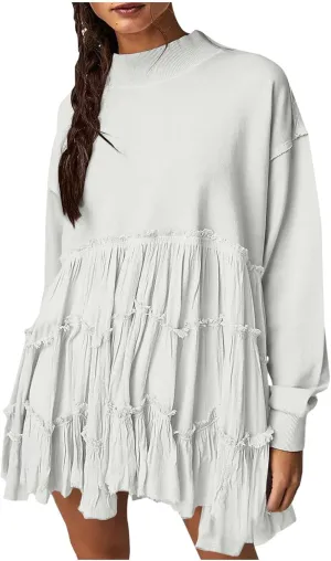 Women's 2024 Fall Winter Flowy Oversized Sweatshirt Mini Dress Casual Long Sleeve Ruffle Hem Patchwork Pleated Dresses