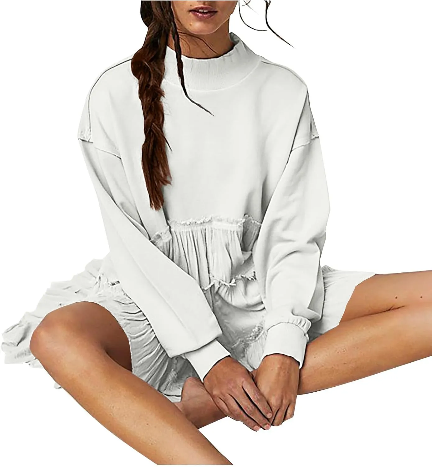 Women's 2024 Fall Winter Flowy Oversized Sweatshirt Mini Dress Casual Long Sleeve Ruffle Hem Patchwork Pleated Dresses
