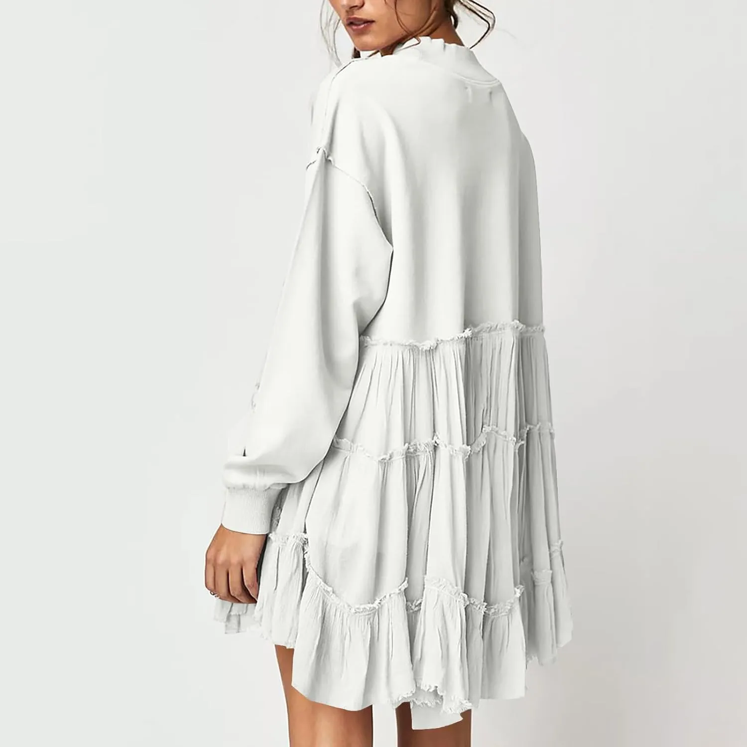 Women's 2024 Fall Winter Flowy Oversized Sweatshirt Mini Dress Casual Long Sleeve Ruffle Hem Patchwork Pleated Dresses