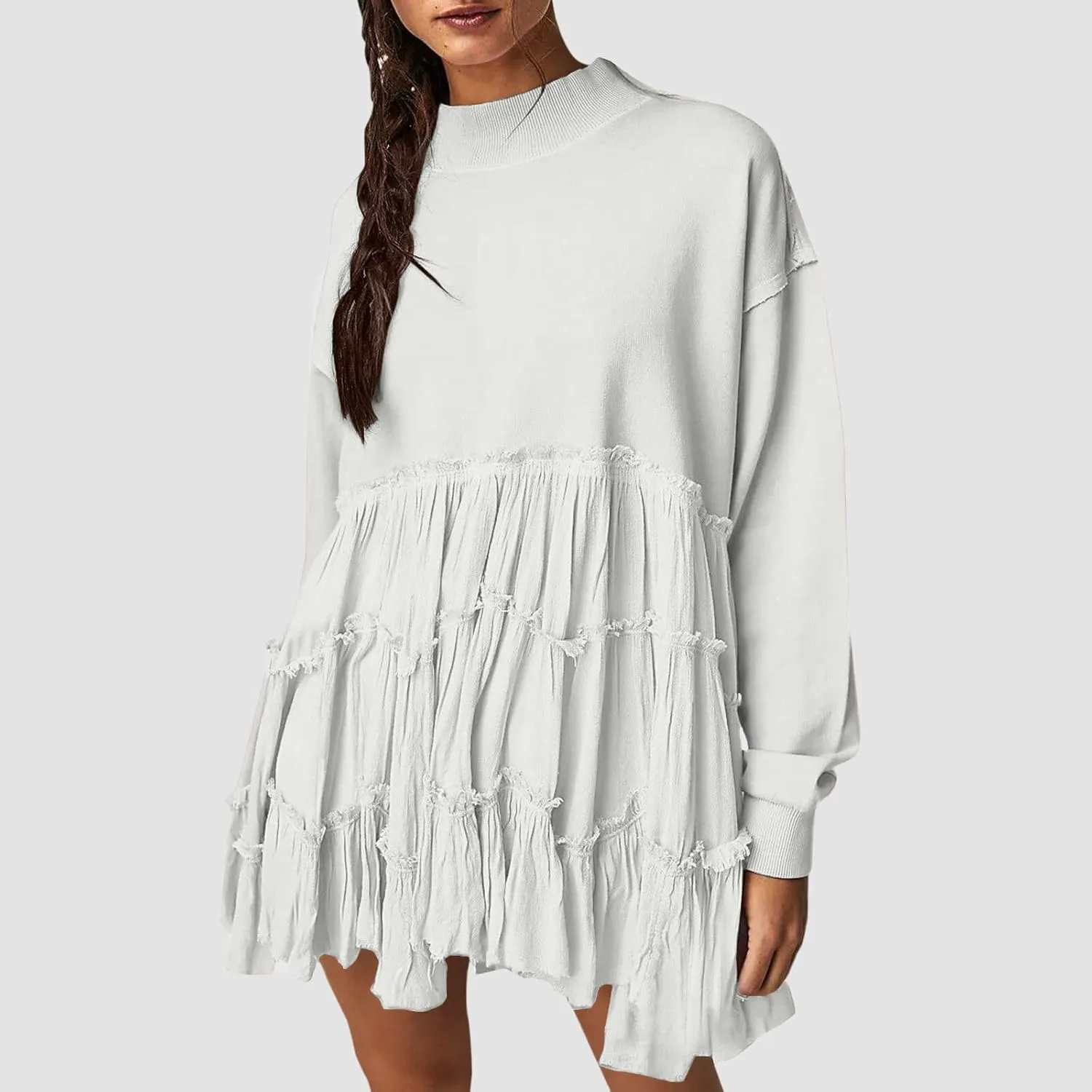 Women's 2024 Fall Winter Flowy Oversized Sweatshirt Mini Dress Casual Long Sleeve Ruffle Hem Patchwork Pleated Dresses