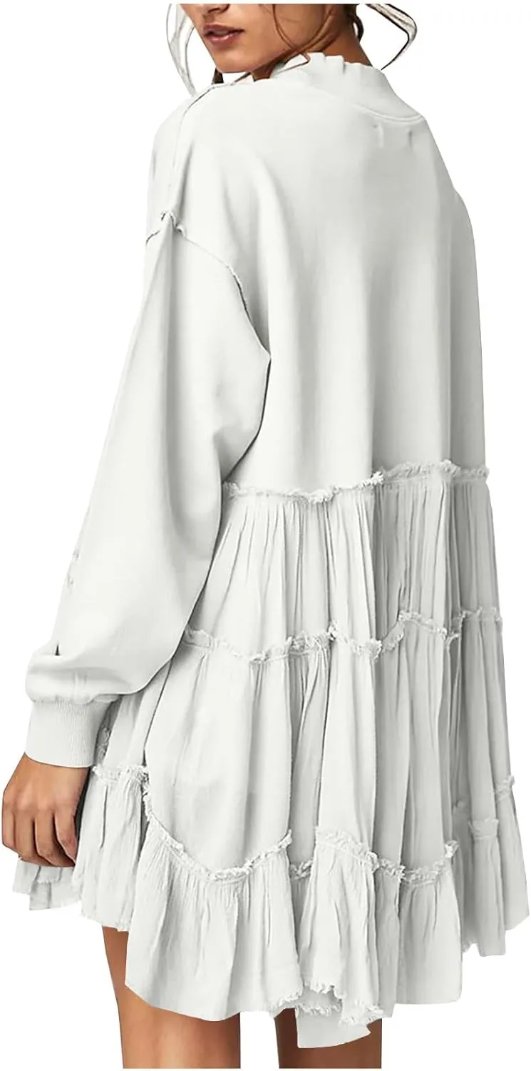 Women's 2024 Fall Winter Flowy Oversized Sweatshirt Mini Dress Casual Long Sleeve Ruffle Hem Patchwork Pleated Dresses