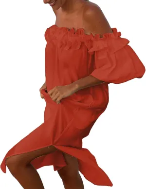 Womens 2024 Summer Boho Midi Dress Off Shoulder Puff Sleeve Loose Fit Smocked Ruffle Beach Flowy Dresses Floral Neck