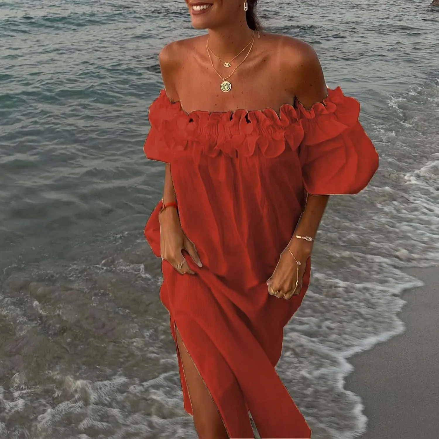 Womens 2024 Summer Boho Midi Dress Off Shoulder Puff Sleeve Loose Fit Smocked Ruffle Beach Flowy Dresses Floral Neck