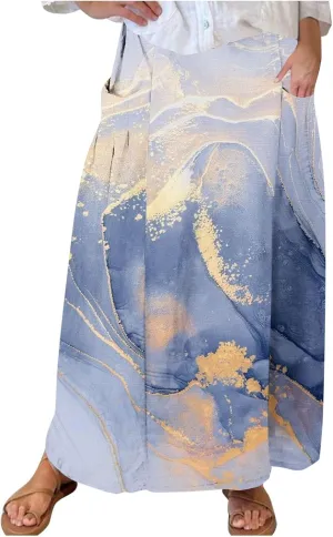 Women's 2024 Summer Printed Long Skirts Trendy Loose Fitted Skirt Pretty High Waist A-Line Maxi Skirt for Ladies