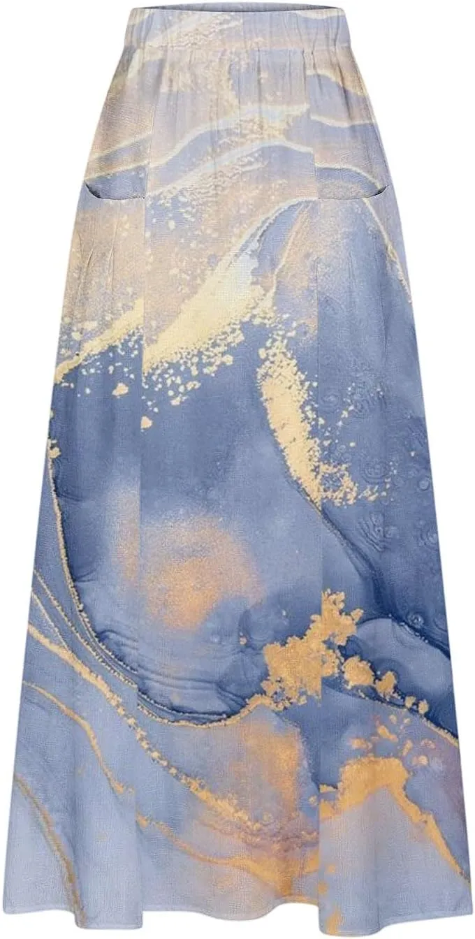 Women's 2024 Summer Printed Long Skirts Trendy Loose Fitted Skirt Pretty High Waist A-Line Maxi Skirt for Ladies