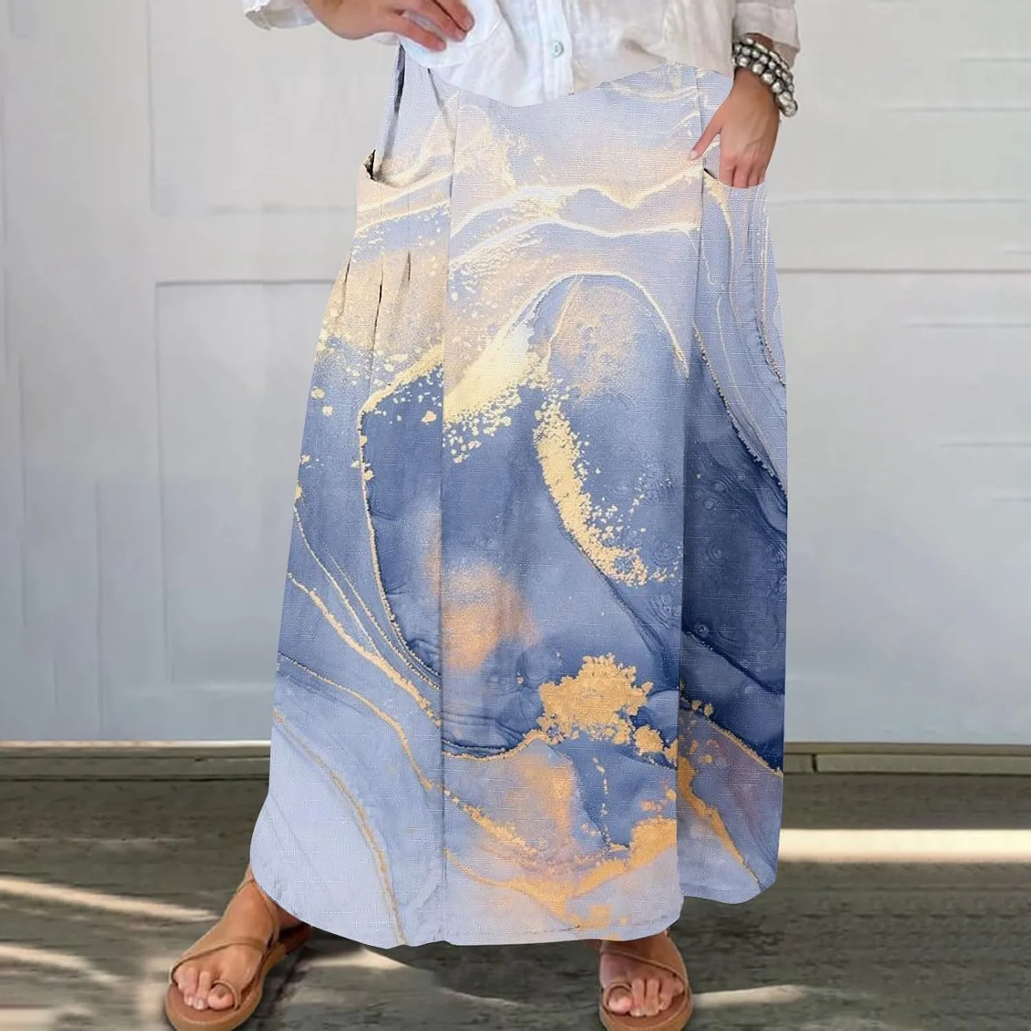 Women's 2024 Summer Printed Long Skirts Trendy Loose Fitted Skirt Pretty High Waist A-Line Maxi Skirt for Ladies