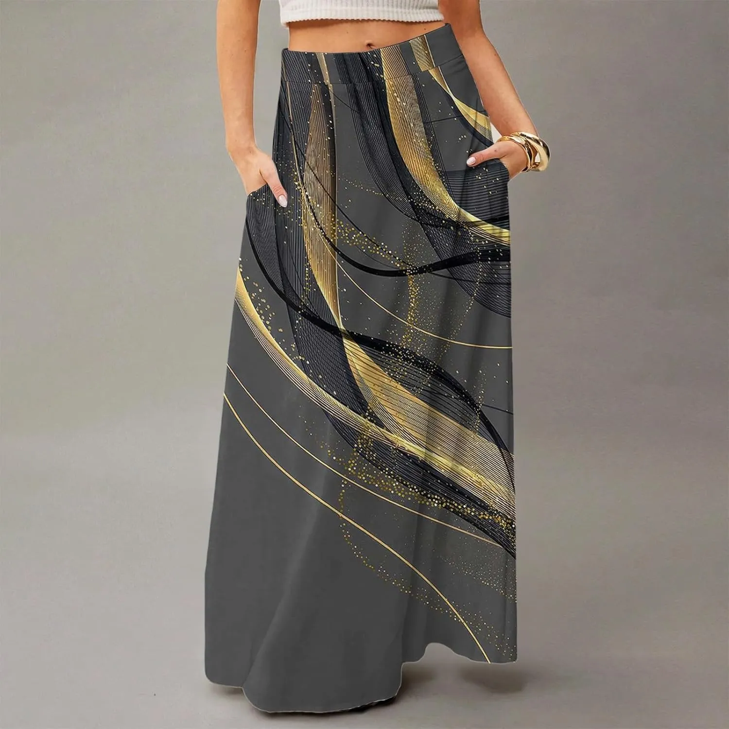 Women's 2025 Bohemian Long Skirts High Waist Flowy A Line Maxi Skirts with Pocket, S-2XL