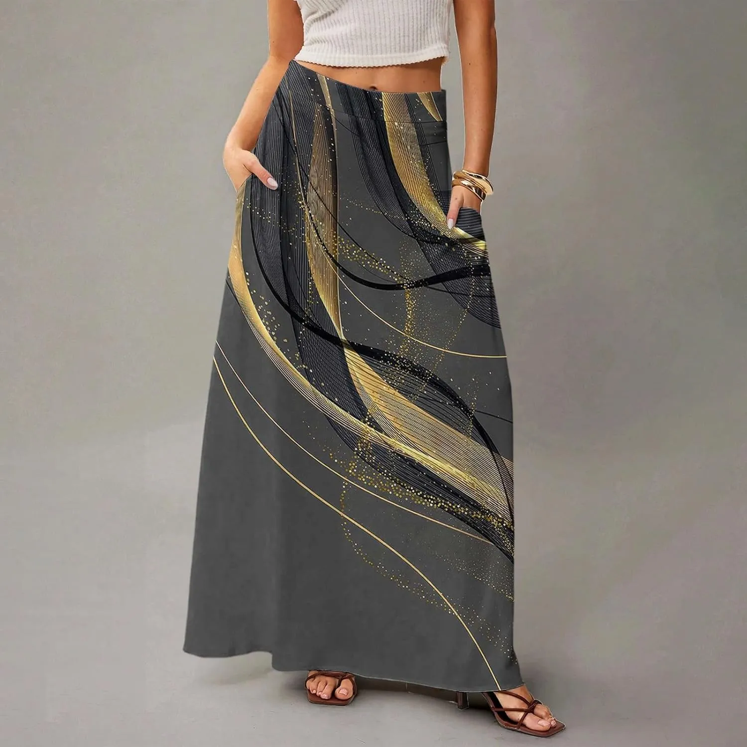 Women's 2025 Bohemian Long Skirts High Waist Flowy A Line Maxi Skirts with Pocket, S-2XL