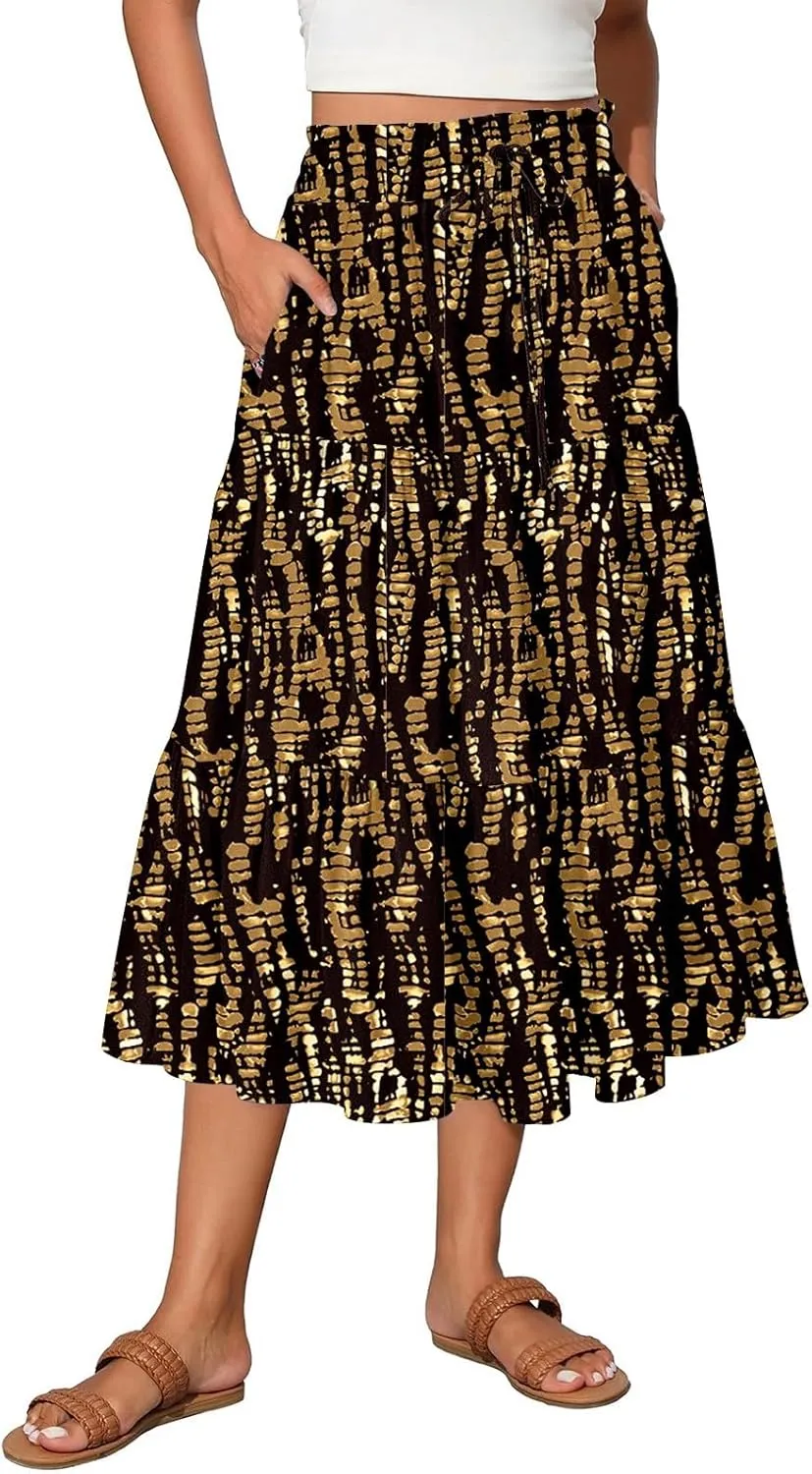 Women's 2025 Bohemian Summer Skirts High Waist Pleated A Line Flowy Midi Skirts with Pocket, S-2XL