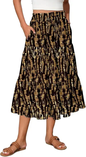 Women's 2025 Bohemian Summer Skirts High Waist Pleated A Line Flowy Midi Skirts with Pocket, S-2XL