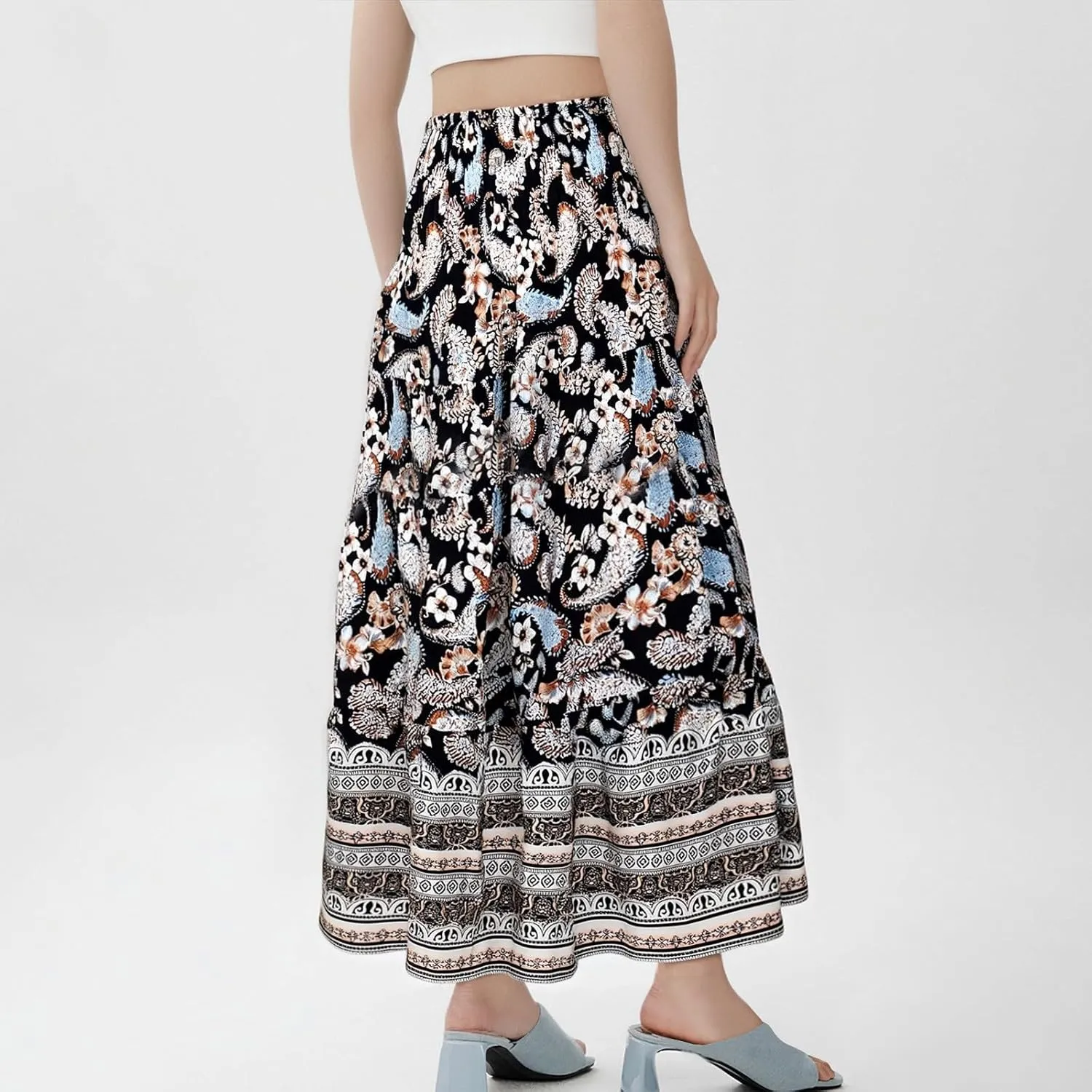 Women's 2025 Summer Bohemian Floral Printed Stretch Waist Tiered Pleated Swing Maxi Skirt with Pockets, S-2XL