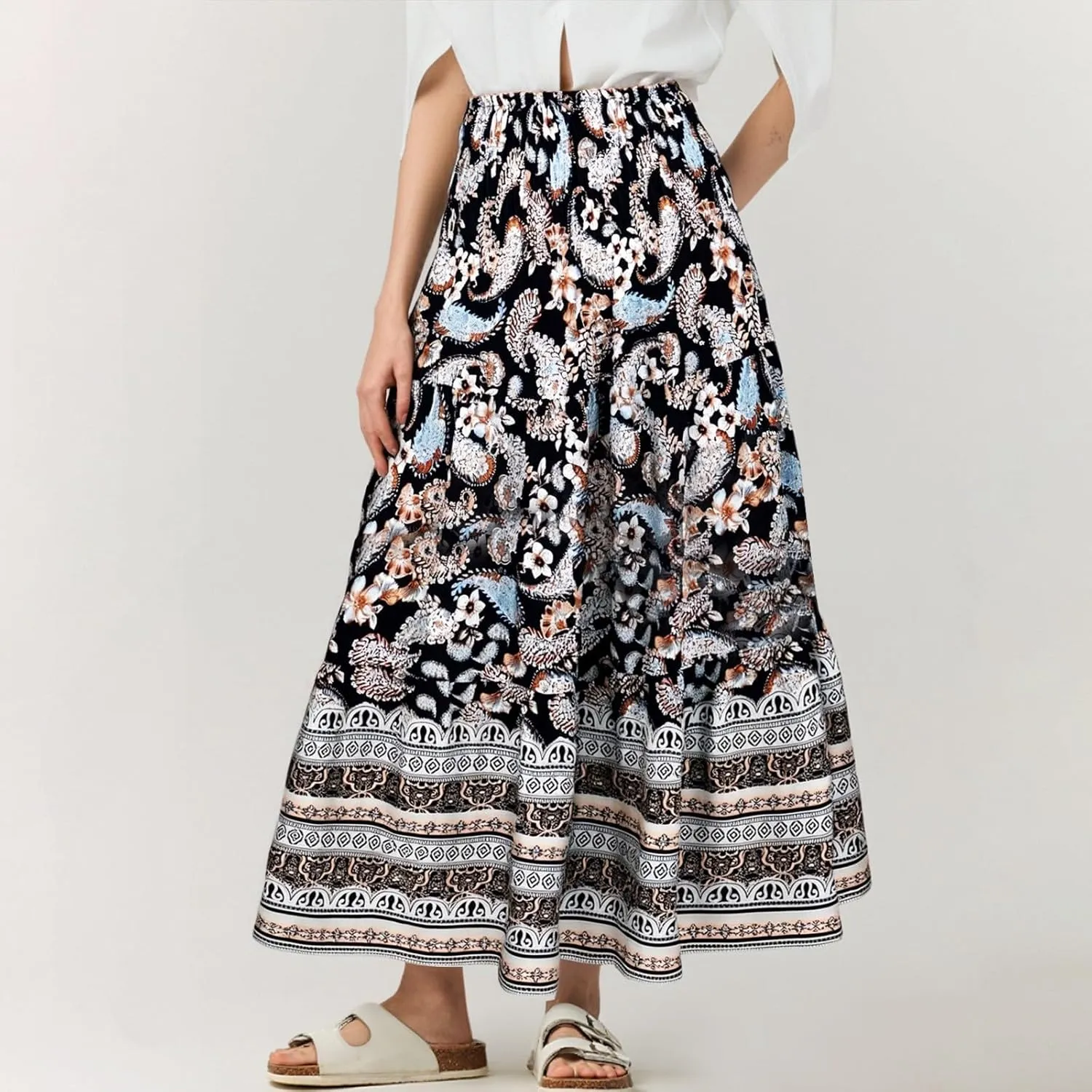 Women's 2025 Summer Bohemian Floral Printed Stretch Waist Tiered Pleated Swing Maxi Skirt with Pockets, S-2XL