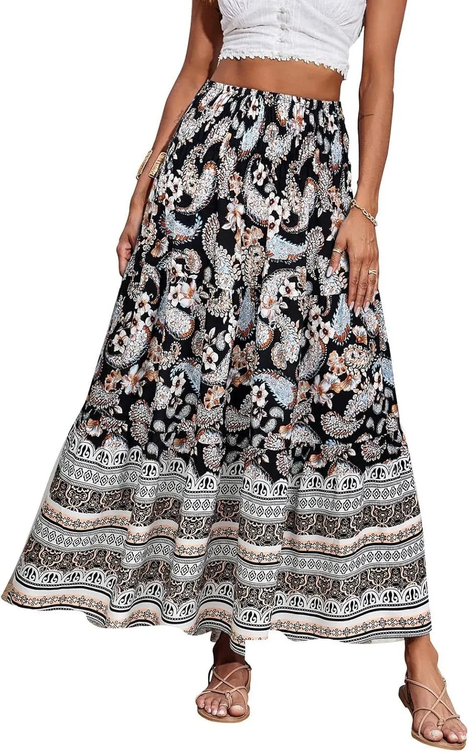 Women's 2025 Summer Bohemian Floral Printed Stretch Waist Tiered Pleated Swing Maxi Skirt with Pockets, S-2XL