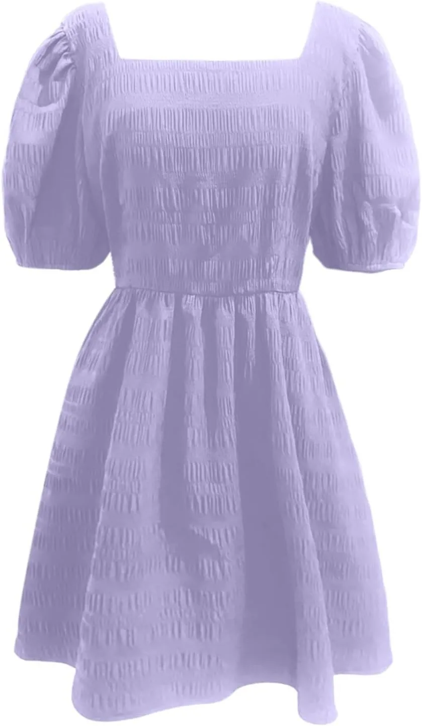 Women's 2025 Summer Boho Dresses A Line Square Neck Ruffle Swing Beach Long Mini Dress Cute Puff Short Sleeve Dress