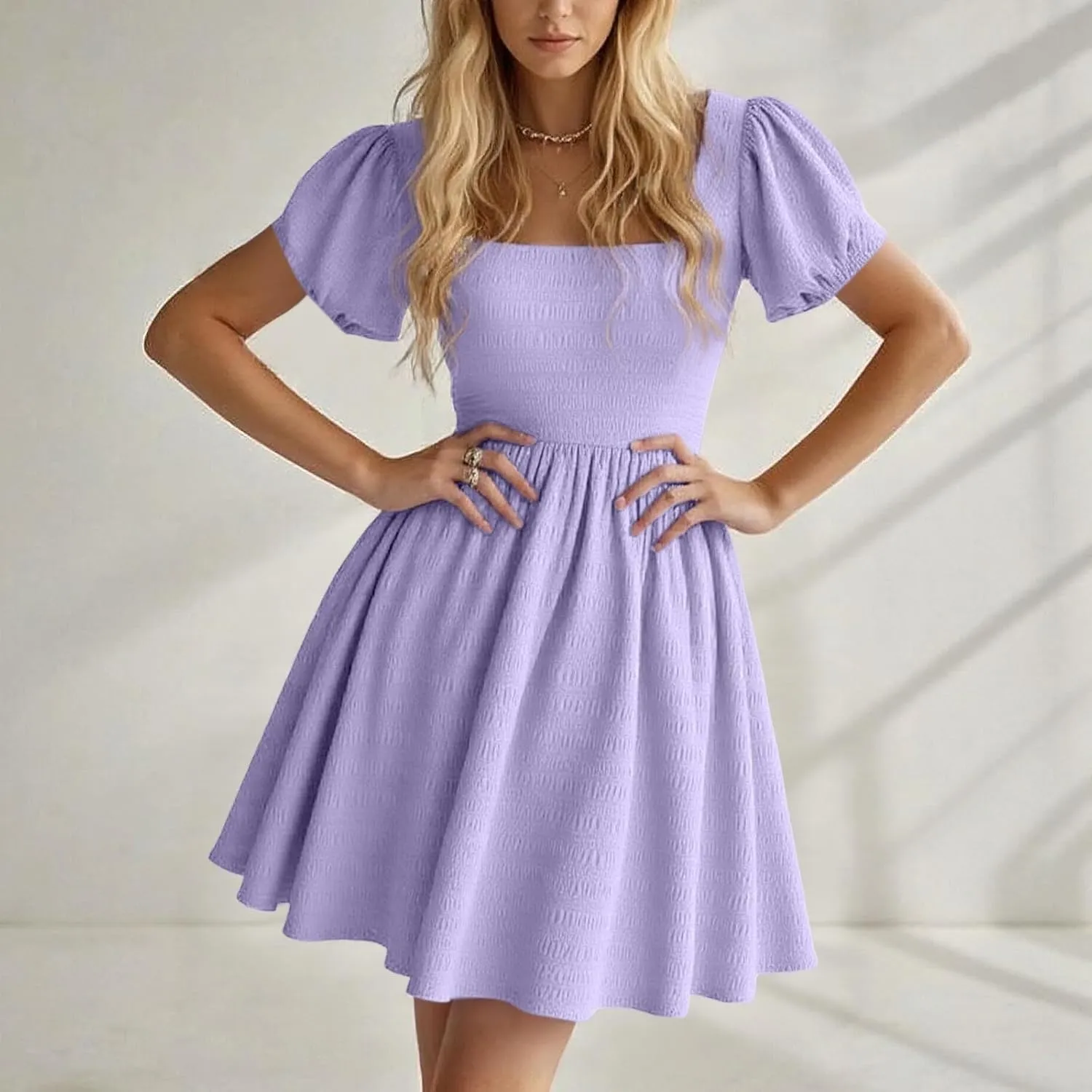 Women's 2025 Summer Boho Dresses A Line Square Neck Ruffle Swing Beach Long Mini Dress Cute Puff Short Sleeve Dress