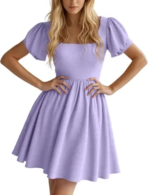 Women's 2025 Summer Boho Dresses A Line Square Neck Ruffle Swing Beach Long Mini Dress Cute Puff Short Sleeve Dress