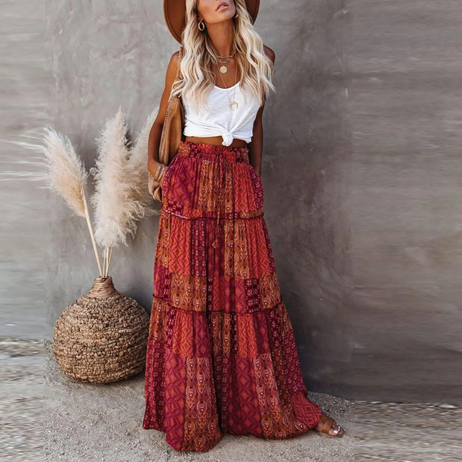 Womens 2025 Summer Boho Floral Maxi Skirt High Waist Casual Elastic Waist Flowy Pleated A Line Skirts with Pockets
