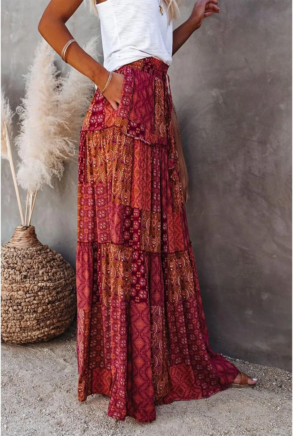 Womens 2025 Summer Boho Floral Maxi Skirt High Waist Casual Elastic Waist Flowy Pleated A Line Skirts with Pockets