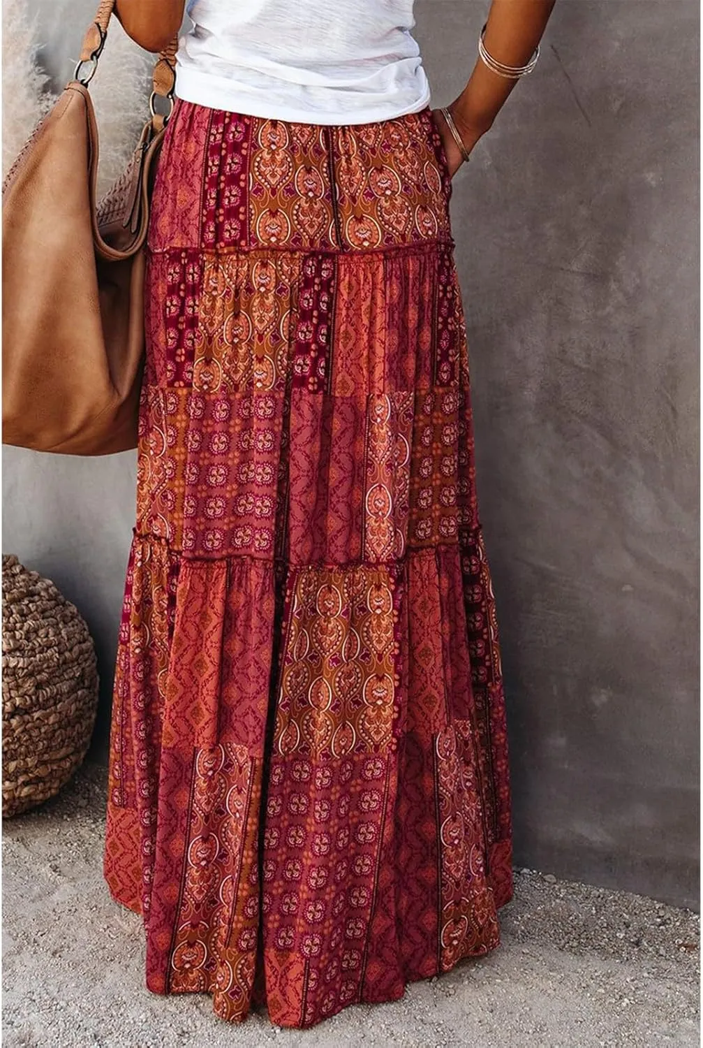 Womens 2025 Summer Boho Floral Maxi Skirt High Waist Casual Elastic Waist Flowy Pleated A Line Skirts with Pockets