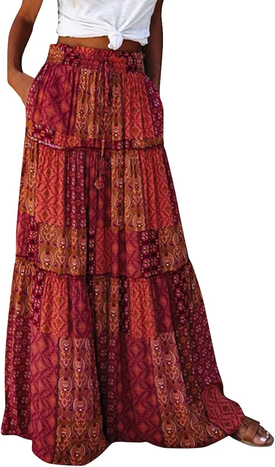 Womens 2025 Summer Boho Floral Maxi Skirt High Waist Casual Elastic Waist Flowy Pleated A Line Skirts with Pockets