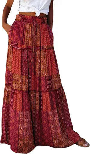Womens 2025 Summer Boho Floral Maxi Skirt High Waist Casual Elastic Waist Flowy Pleated A Line Skirts with Pockets