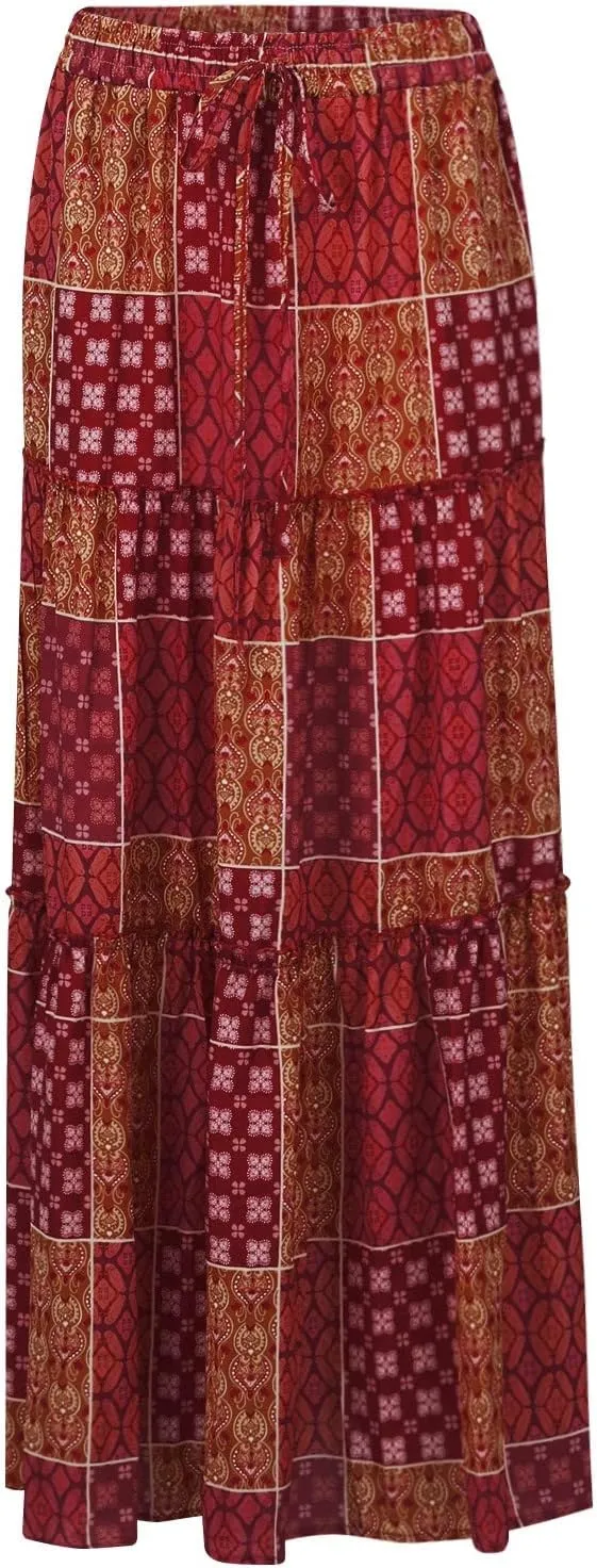 Womens 2025 Summer Boho Floral Maxi Skirt High Waist Casual Elastic Waist Flowy Pleated A Line Skirts with Pockets