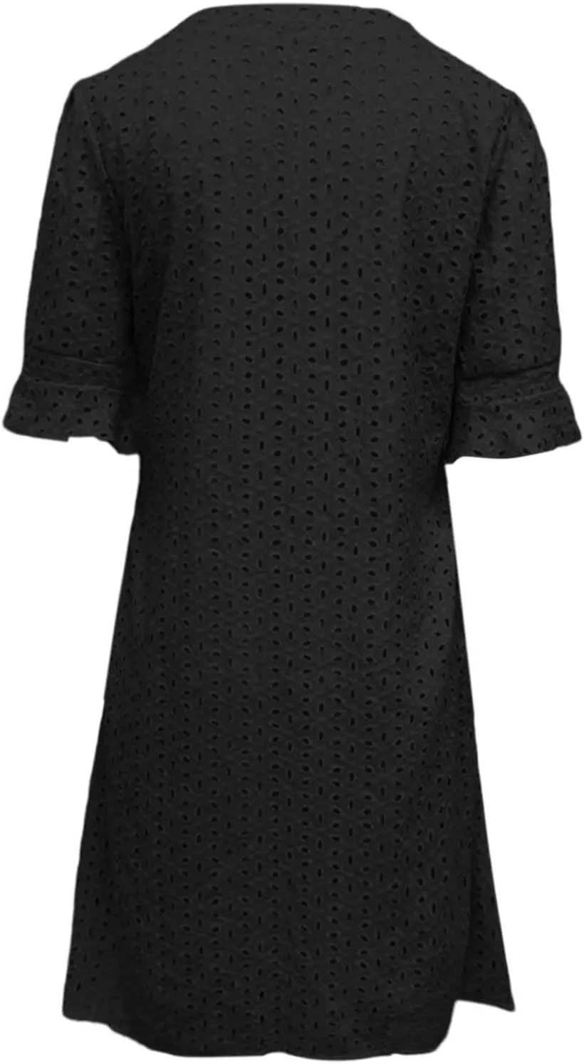 Women's 2025 Summer Short Sleeve Mini Dress V Neck Ruffle Hollow Out Eyelet Lace Dresses Summer Dress for