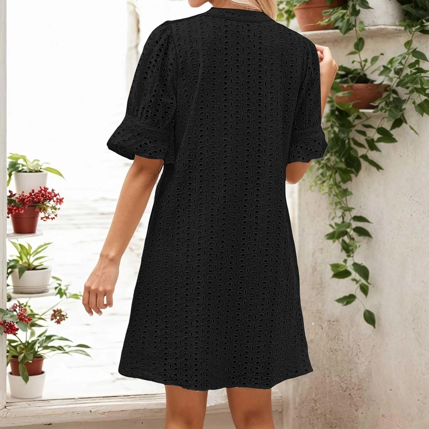 Women's 2025 Summer Short Sleeve Mini Dress V Neck Ruffle Hollow Out Eyelet Lace Dresses Summer Dress for