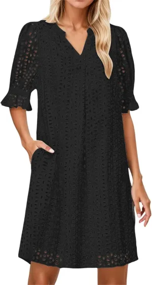 Women's 2025 Summer Short Sleeve Mini Dress V Neck Ruffle Hollow Out Eyelet Lace Dresses Summer Dress for