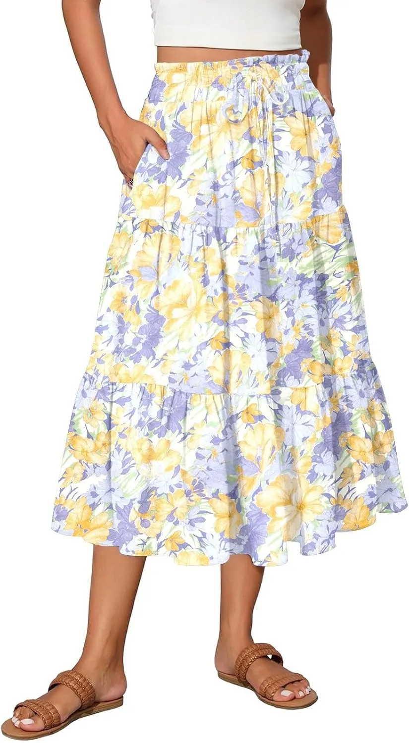 Women's 2025 Summer Skirt Stretch Waisted Floral Print Pleated Beach Flowy Midi Skirts with Pockets, S-2XL