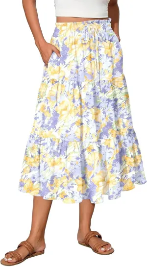 Women's 2025 Summer Skirt Stretch Waisted Floral Print Pleated Beach Flowy Midi Skirts with Pockets, S-2XL