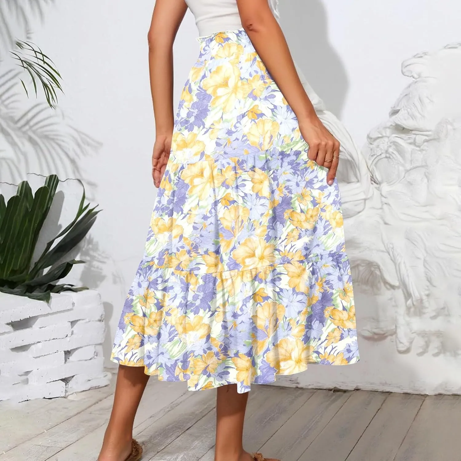 Women's 2025 Summer Skirt Stretch Waisted Floral Print Pleated Beach Flowy Midi Skirts with Pockets, S-2XL