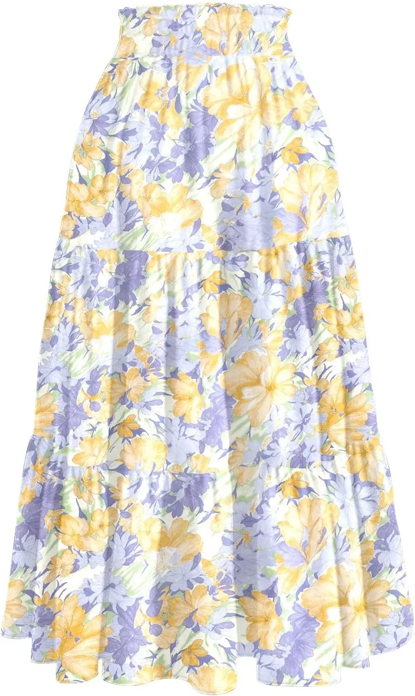 Women's 2025 Summer Skirt Stretch Waisted Floral Print Pleated Beach Flowy Midi Skirts with Pockets, S-2XL