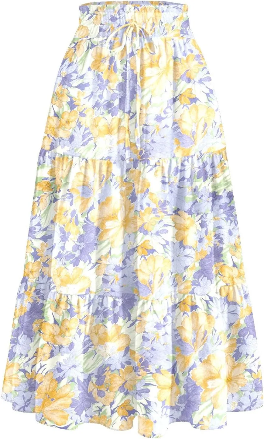 Women's 2025 Summer Skirt Stretch Waisted Floral Print Pleated Beach Flowy Midi Skirts with Pockets, S-2XL