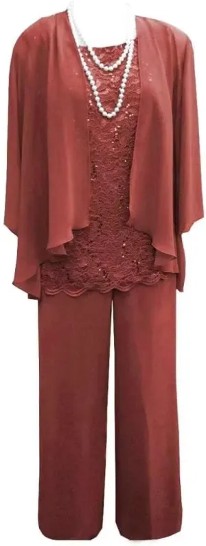 Women's 3 Pieces Mother of The Bride Dress Pant Suits Lace Chiffon Wedding Guest Dress with Jacket