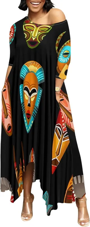 Women's 3/4 Sleeve Collarless Dress Women's Loose Plus Size Maxi Dress Sexy Off Shoulder Casual Home Nightdress