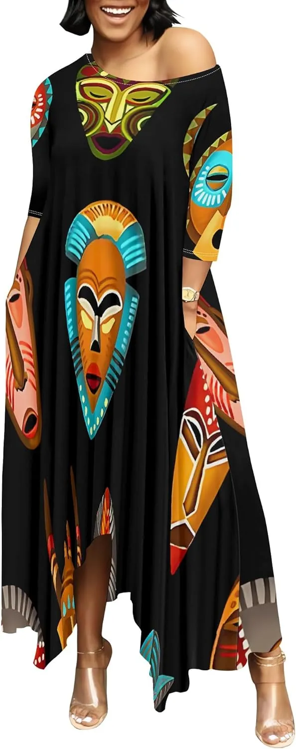 Women's 3/4 Sleeve Collarless Dress Women's Loose Plus Size Maxi Dress Sexy Off Shoulder Casual Home Nightdress