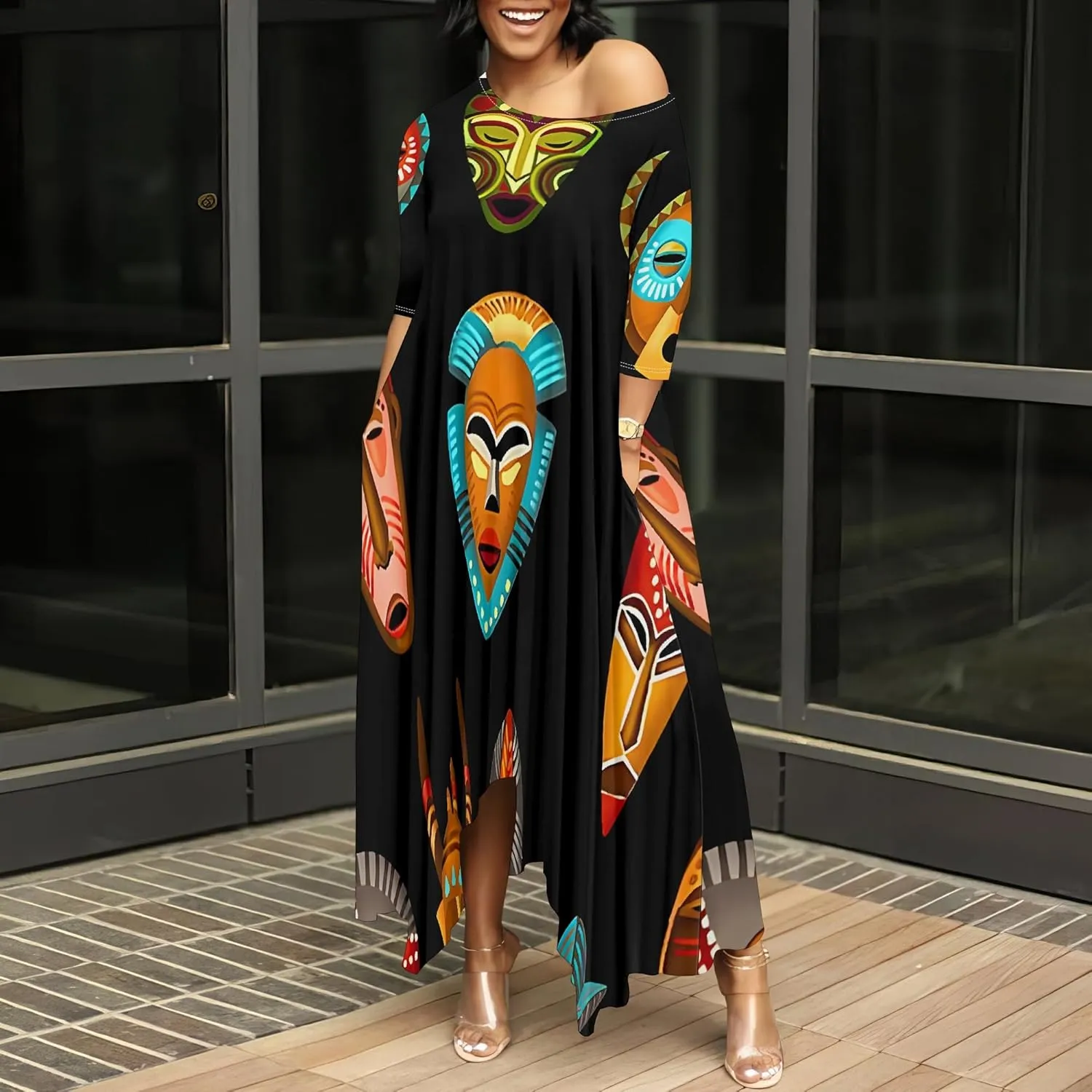 Women's 3/4 Sleeve Collarless Dress Women's Loose Plus Size Maxi Dress Sexy Off Shoulder Casual Home Nightdress