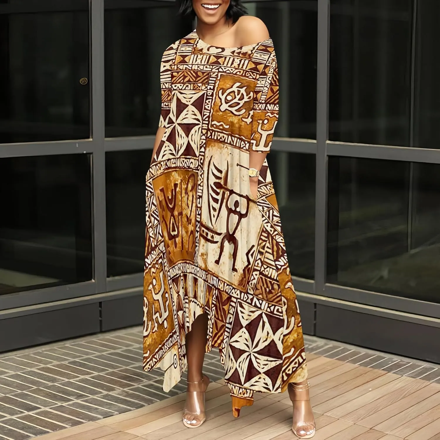 Women's 3/4 Sleeve Collarless Dress Women's Loose Plus Size Maxi Dress Sexy Off Shoulder Casual Home Nightdress