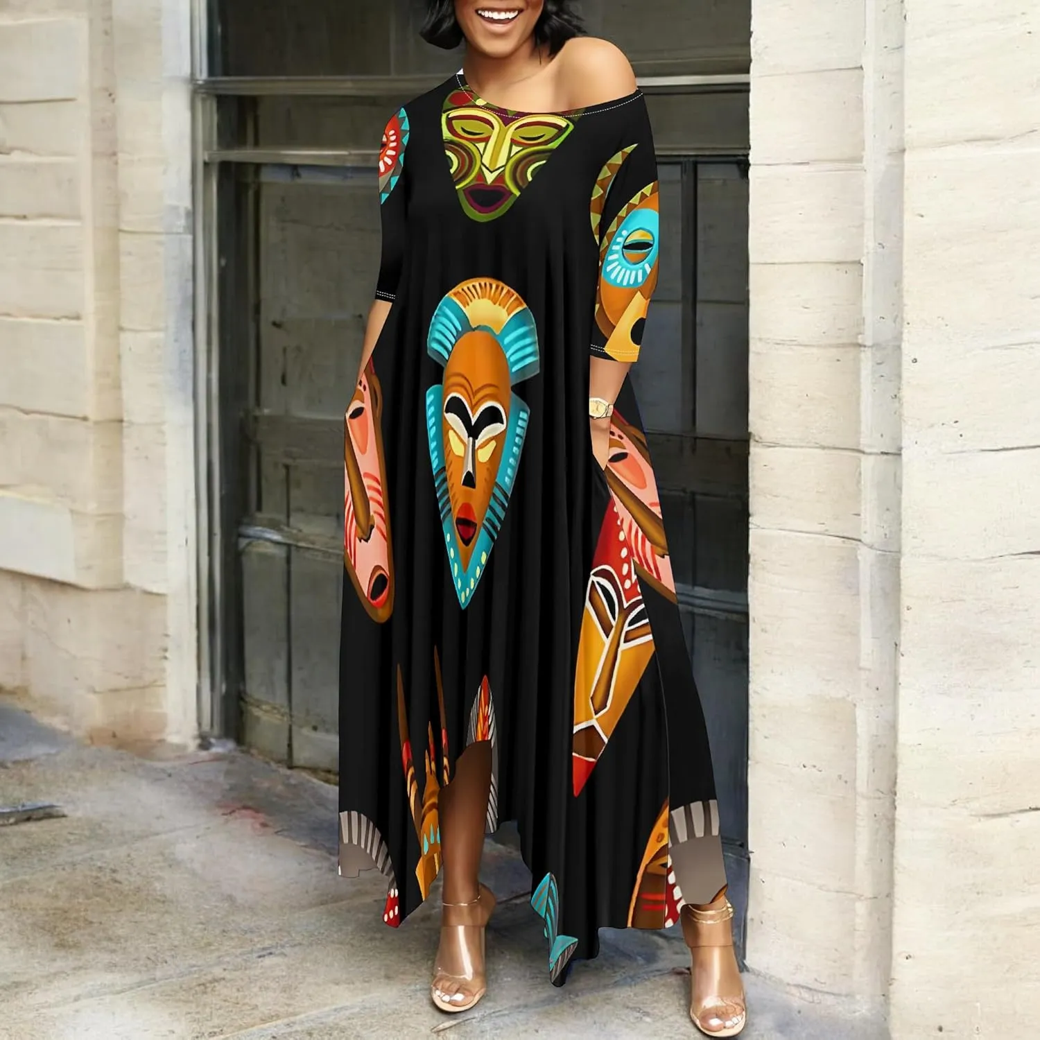 Women's 3/4 Sleeve Collarless Dress Women's Loose Plus Size Maxi Dress Sexy Off Shoulder Casual Home Nightdress