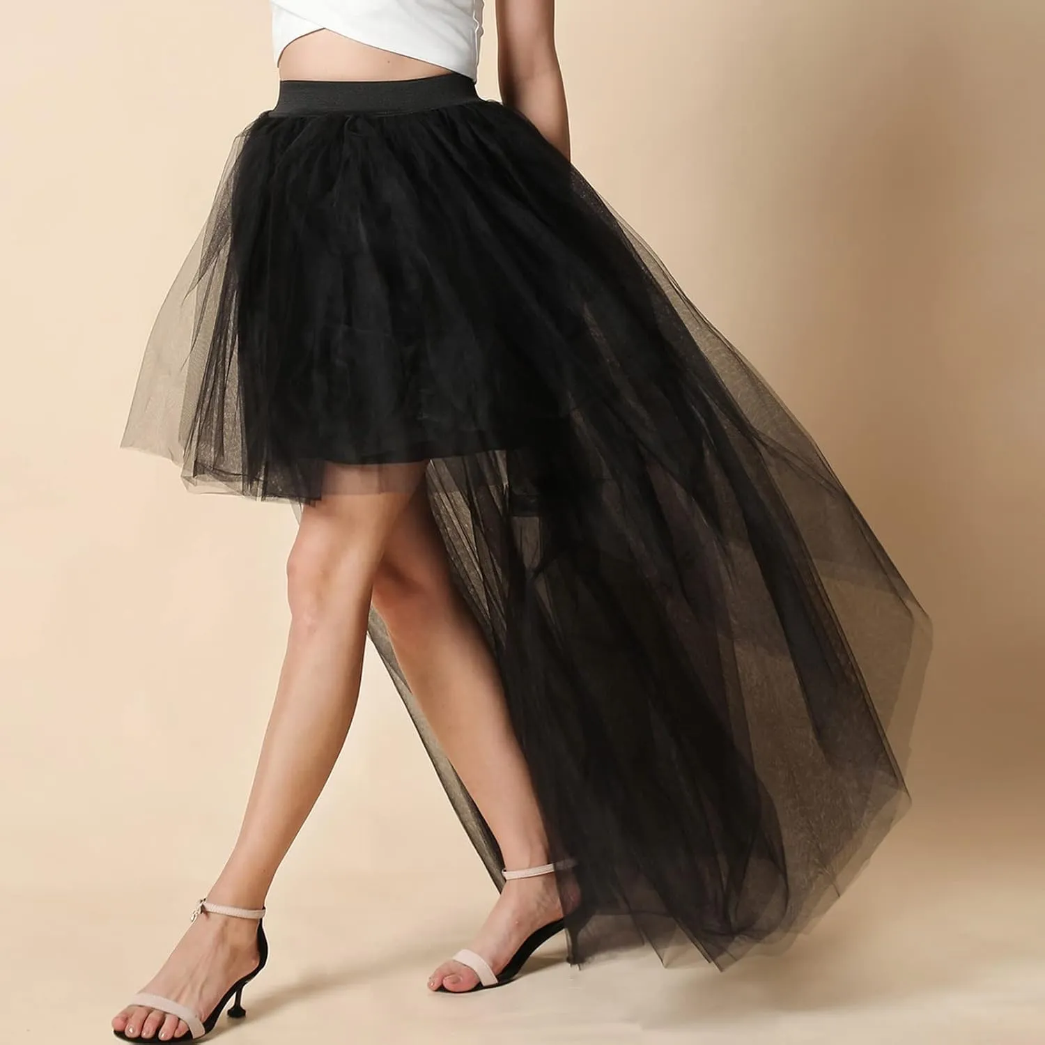 Women's A-Line High Waisted Midi Skirt Short Thin Women's Sexy Skirts Sexy Black Mesh Skirt Front Short Back Long