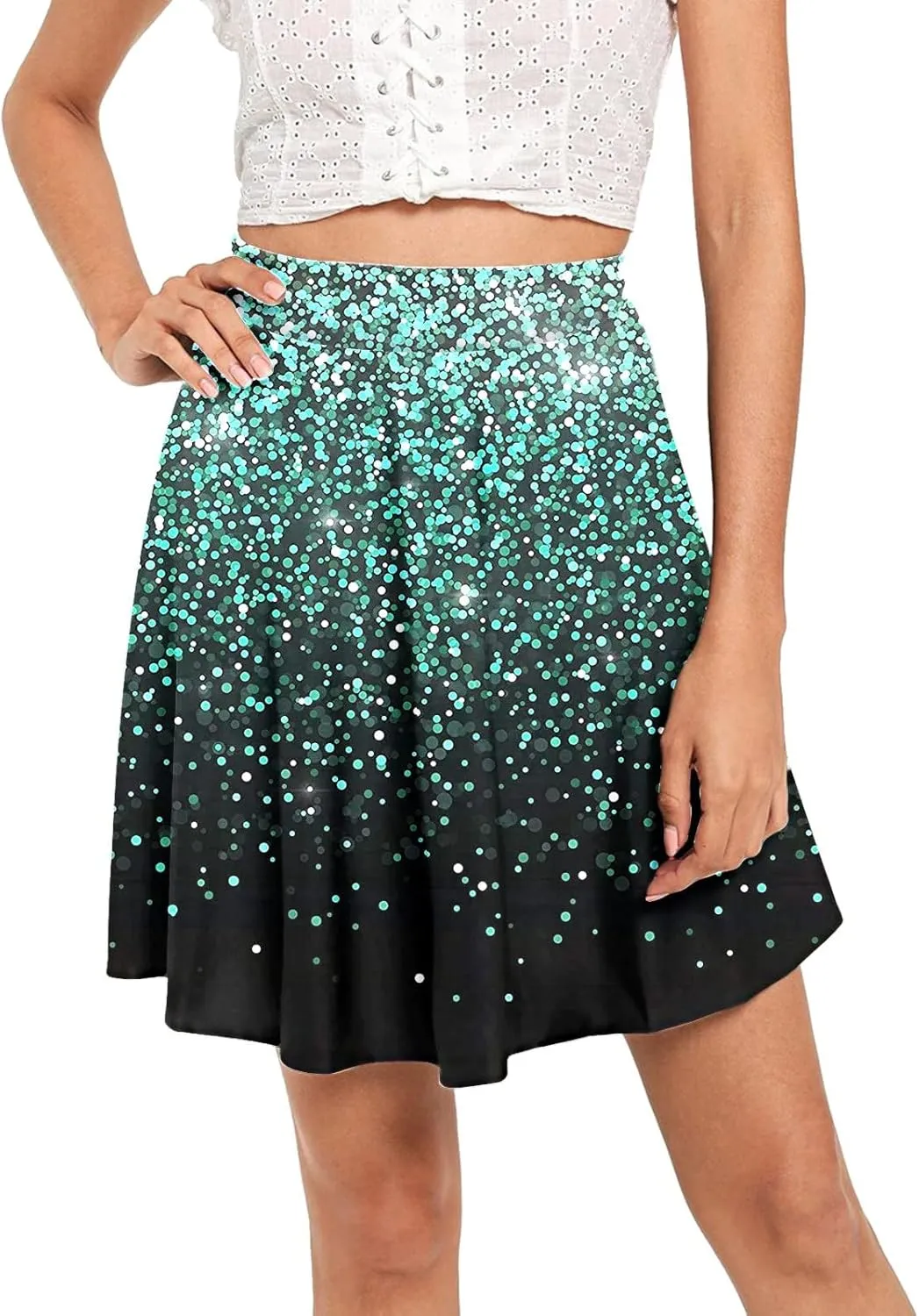 Womens A Line Midi Skirt High Elastic Waist Sequin Skirts Pleated Ruffle Hem Mini Vintage Elegant Casual Skirts